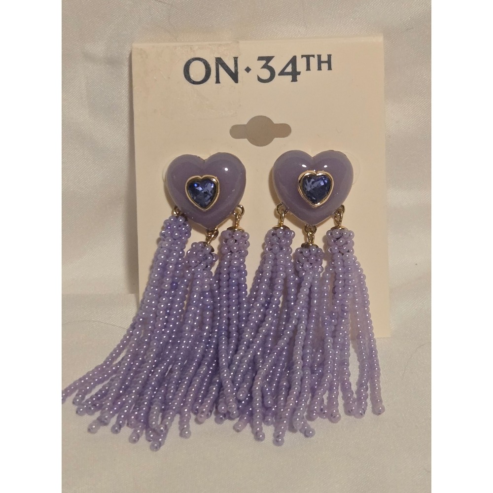 ON 34TH Lavender Heart Dangle Earrings Crystal Blue Accent Tassel Beads‎
